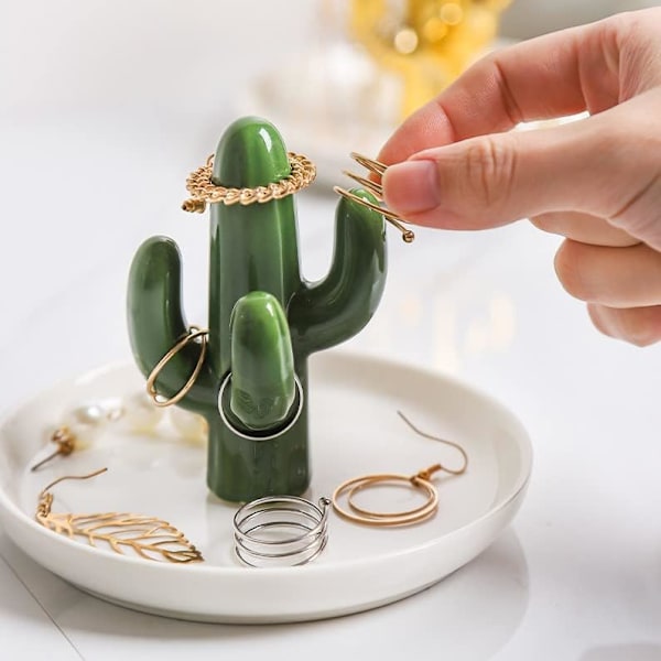 Sett med 2 Aloe og Kaktus Ringholderfat, Keramisk Smykkefat Armbånd Øredobber Halskjede Organizer, Dekorativt Pyntefat for Bryllup