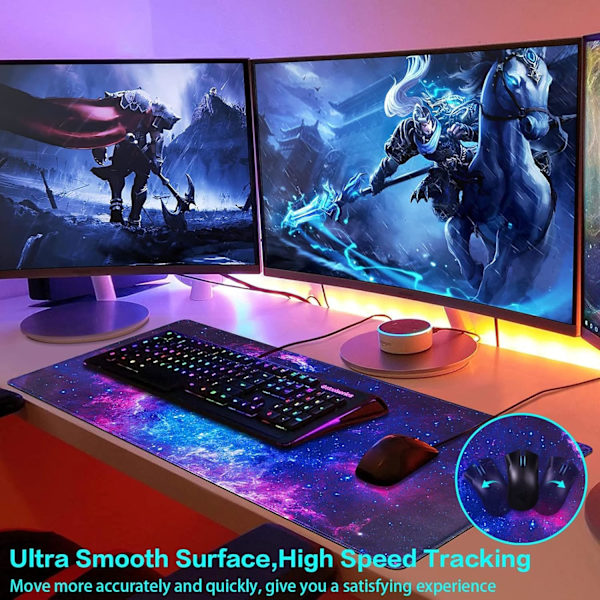 Gaming Mousepad, Udvidet Mousepad 800 x 400 mm, Computer Tastatur Mouse Mat Desk Pad med Skridsikker Gummibund og Syet Kant til Gaming Arbejde Blue-Galaxy XXL