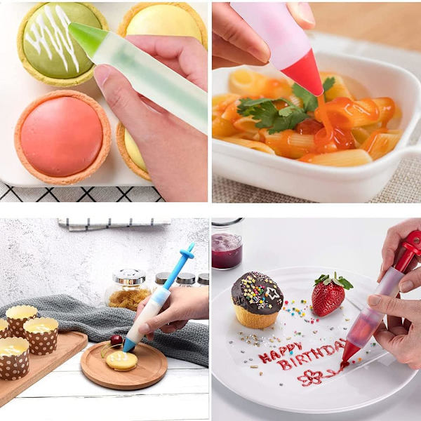 Silikonmatpenn for mat, kake- og sjokoladedesignpistol med 4 dyser, DIY-bakeverktøy for glasur og piping, syltetøypenn for desserter og cupcakes