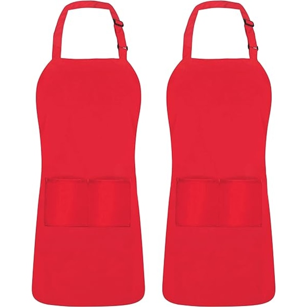 2-pack justerbar haklappsförkläde med 2 fickor Vattenavvisande matlagningsköksförkläde för män, kvinnor Red