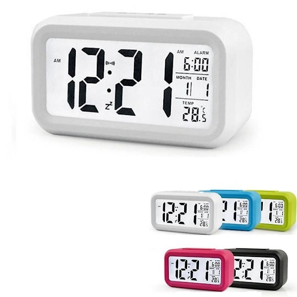 Väckarklocka med Snooze, Nattlampa, Termometer, Digital LED-Display, Batteridriven White