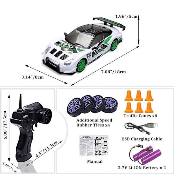 RC Driftbil, 15 km/t, ripebestandig, lett, oppladbar, lav friksjon, fjernstyrt bil White-Green