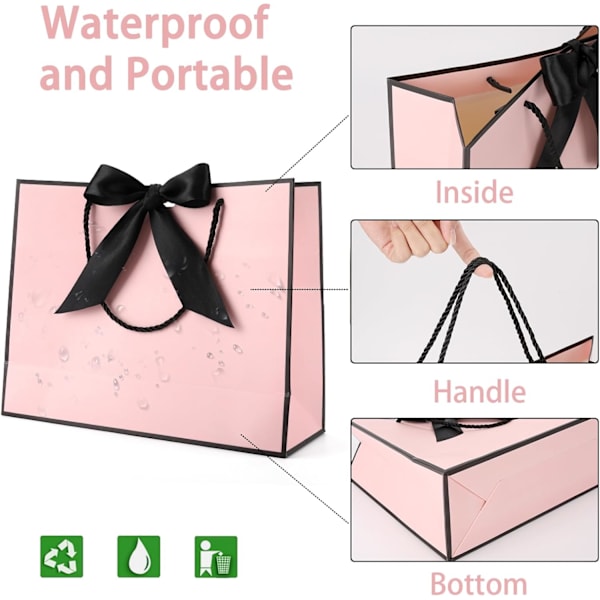 Presentpåsar för presenter, presentpåsar i papper med rosettband, presentpåsar för bröllop, brudtärnor, födelsedag, fest, firande, 12,6 x 9,8 x 3,9 tum Pink-Black ribbon
