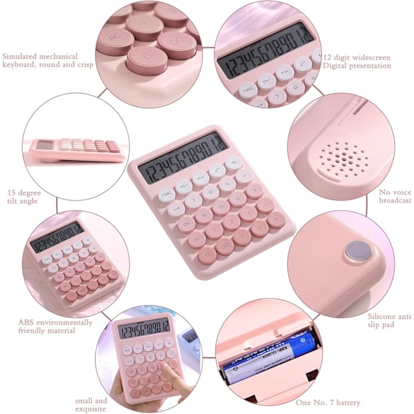 Mekanisk lommeregner, 12-cifret stor LCD-skærm og store runde knapper med gradientfarve, skrivebordslommeregner, 15° skrå skærm, elektronisk lommeregner Pink