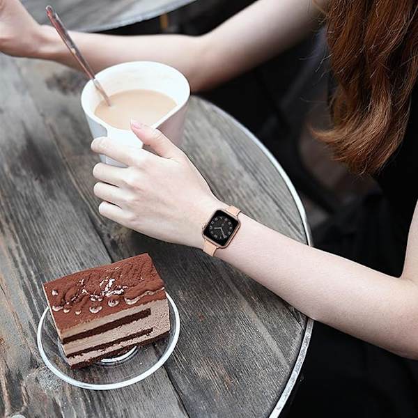Läderarmband Kompatibelt med Apple Watch-armband Äkta Smalt och tunt läderersättningsband, armband för iwatch Serie Kvinnor Män Pink sand&Rosegold 42/44/45/49mm