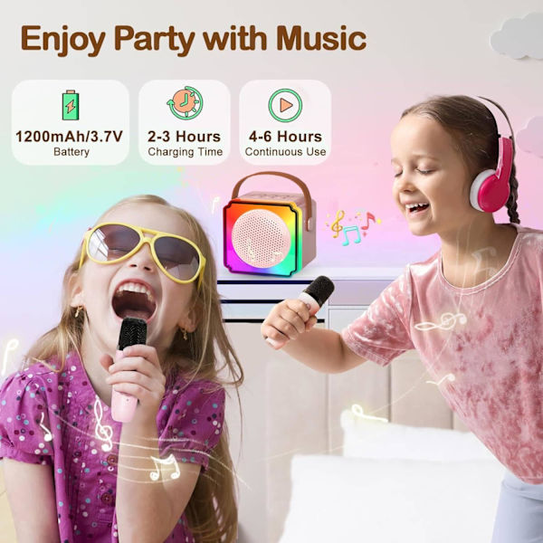 Barne-Karaoke Maskiner med 2 Mikrofoner, Bærbar Bluetooth-Høyttaler med Fargerike LED-Lys, Stemmeendring, Mini Karaoke-Maskin for Bursdagsgaver Pink