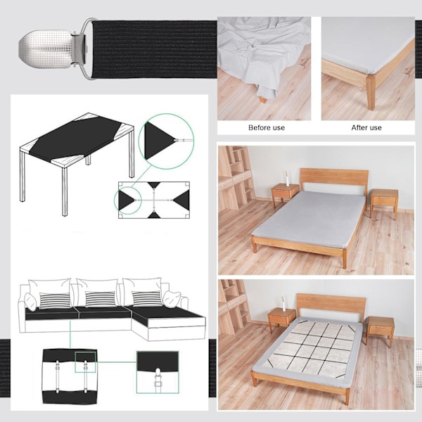8 st sängklädesklämmor, justerbara sängklädesgripare, hög elastiska lakan med spännen, lakanfästen max stretch 120 cm, lakanhållare Black