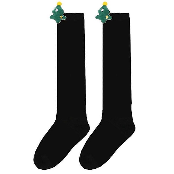 Nye efterårs- og vinterbørns julestrømper, søde plysdukkestrømper, knæstrømper, stribede strømper, tegneseriedukkestrømper 19 black christmas tree