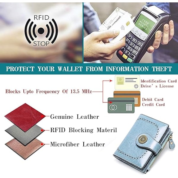 Vikbar Plånbok Kortfodral Äkta Läder RFID-Blockerande Plånbok för Kvinnor med 16 Kortfack Ai_light Blue