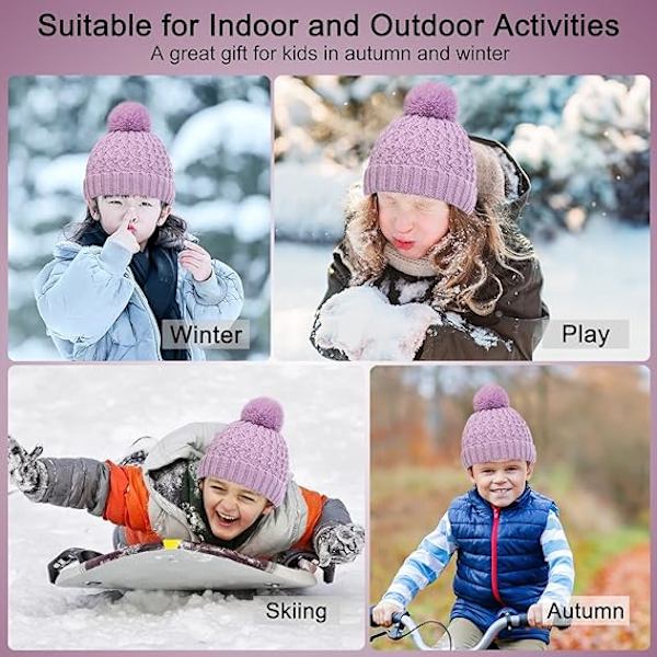 Vintermössa, Halsduk och Vantar Set för Barn, 3-Delar Stickad Varm Crochet Tjock Fluffig Halsduk Pom Pom Mössa Två Fingrar Touch Screen Vantar Set Purple