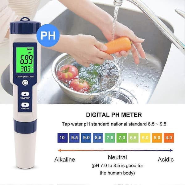 5-i-1 Elektronisk PH-måler, Mål Ph & TDS & EC Saltholdighed & Temperatur Vandkvalitetstester