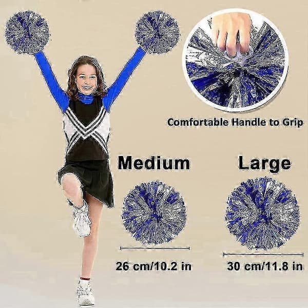 12 stk. cheerleading pomponer til børn, metallisk folie plastikring cheer pomponer til drenge Medium Blue Silver