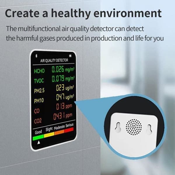Multifunktionel 6-i-1 luftkvalitetsmåler (PM2.5, PM10, HCHO, TVOC, CO, CO2) med LCD-skærm, stort display, bærbar