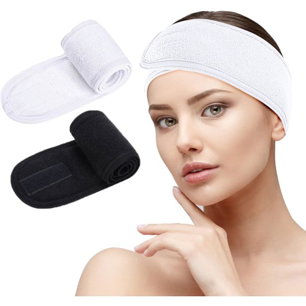 Ansiktshårband - 2 st sminkbandage huvud dusch sport frottéhårband justerbar stretchhandduk med magiskt band White + Black
