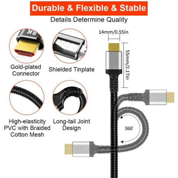 HDMI-kompatible kabler 2.1 48 Gbps 8K Ultra High Speed ​​flettet kabel, 4K @ 120Hz, 8K @ 60Hz, HDCP 2.2 & 2.3, HDR 10 2M