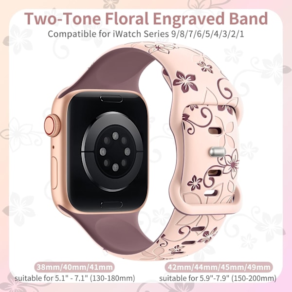 Blommiga graverade remmar kompatibla med Apple Watch-remmar för kvinnor, söta blommiga iWatch-band mjuka silikon sportremmar för iWatch-serien Pink/Smoky purple 42/44/45/49mm