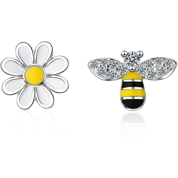 Små Mini Bee Daisy Blomster Asymmetriska Örhängen för Kvinnor Tonårsflickor Känsliga Öron Mode