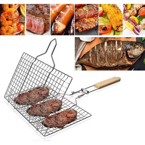 Grillkurv - Sæt med 2 - Rustfrit Stål - Sammenklappelig Grill - Til Tilberedning af Fisk og Grøntsager - Håndtag