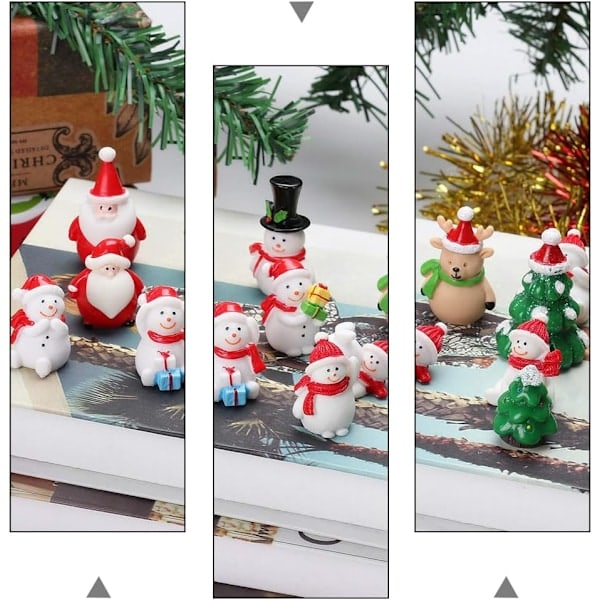12 stk. miniatyr julepynt i resin - snømenn, reinsdyr, julenissen - juletre for håndverk, snøkuler, eventyrhage, dukkehusdekorasjon