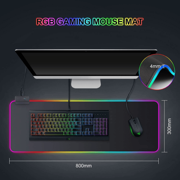 XXL RGB Gaming Mousepad (800 x 300 mm), 14 LED Lyseffekter, Vandafvisende, Skridsikker, Slidstærk til Gamer, Computer, PC