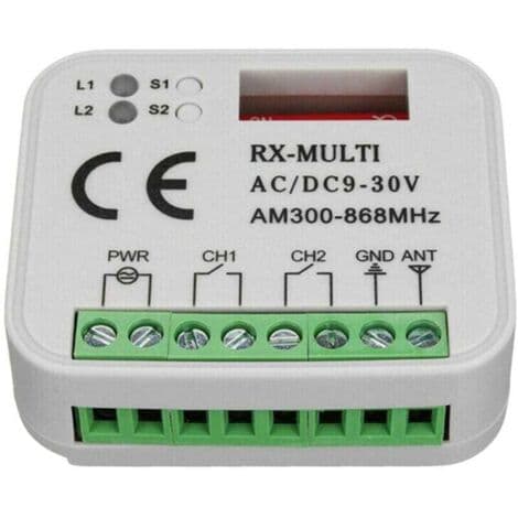 Radiomottaker for motorisering – Frekvenser 433/868 MHz – AC/DC 9-30V strømforsyning – Rekkevidde opptil 150 meter – Programmerbar opptil 400 koder