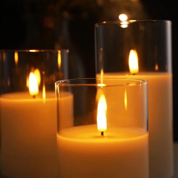 Klara Glas LED-ljus med Fjärrkontroll Fladdrande Realistiska Flamlösa Batteridrivna Ljus Set om 3 D 3 \" H 4 \" 5 \" 6 \"