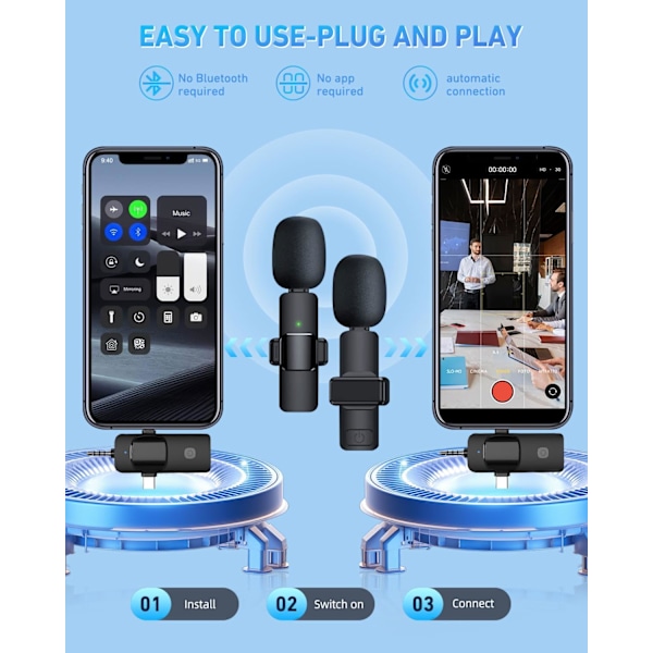 Trådløse mikrofoner, Trådløs lavaliermikrofon, Plug-and-Play Bluetooth-mikrofon, Støyreduksjon Autosynkronisering for opptak, direktesending, TikTok