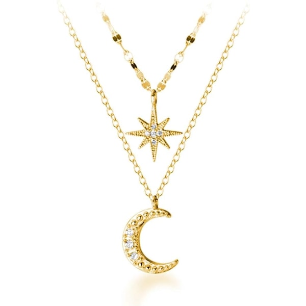 925 Sterling Sølv Lagdelt Halskjede for Kvinner Tenåringsjenter Stjerne Måne Halskjede Dobbelt Halskjeder Kjede Choker Halskjede Gold