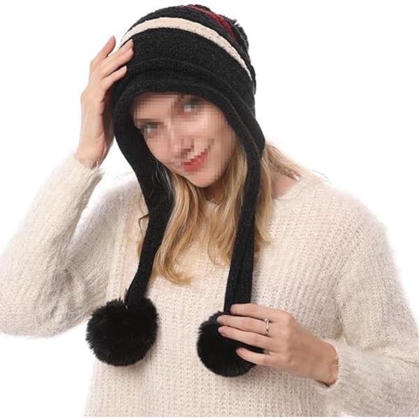 Stickad mössa med pompom-öronlappar för vinter, dam Black