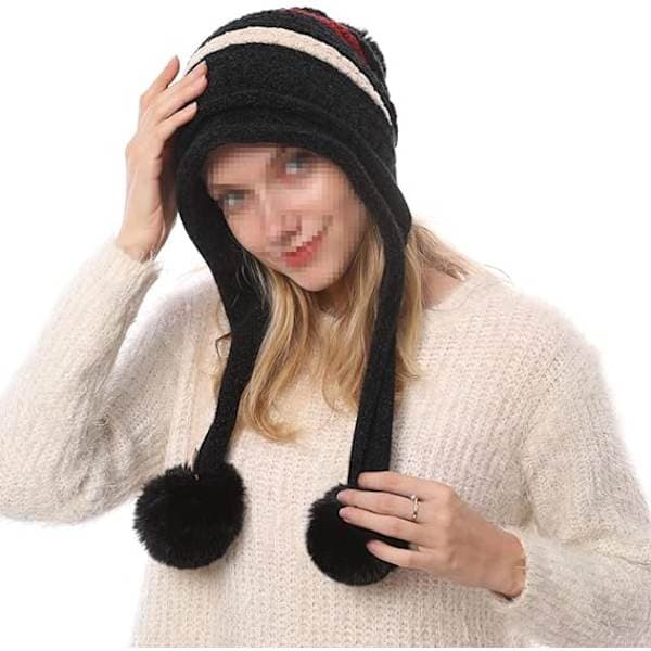 Strikket lue med pompom-øreklaffer Vinter for kvinner Black