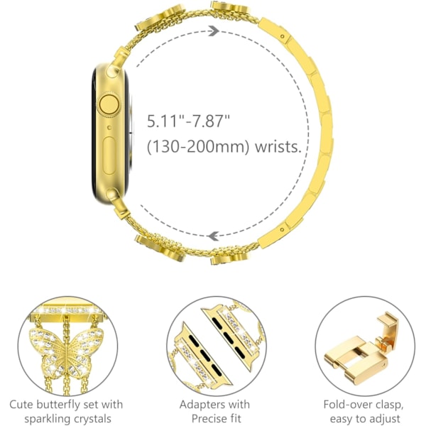 Ranneke Apple Watchille - Naisellinen, Kimaltava Perhonen, Muodikkaat Metalliset Linkit, Ruostumaton Teräs, Vaihtohihnaksi Gold 38/40/41mm