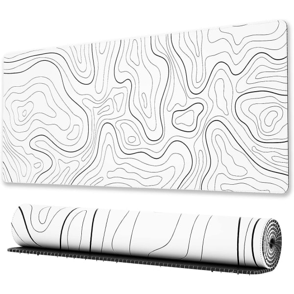 Stor Gaming Musemåtte med Syede Kanter, Minimalistisk Topografisk Kort Skrivebordsmåtte, Udstrakt XL Musemåtte med Skridsikker Base, 80 x 30 cm, Hvid