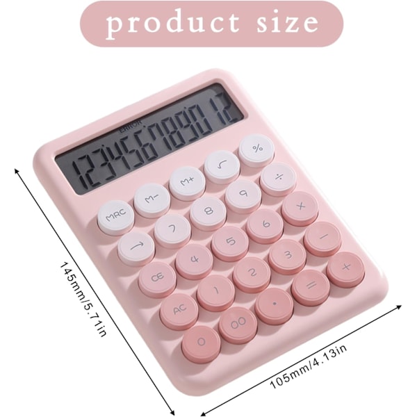 Mekanisk lommeregner, 12-cifret stor LCD-skærm og store runde knapper med gradientfarve, skrivebordslommeregner, 15° skrå skærm, elektronisk lommeregner Pink