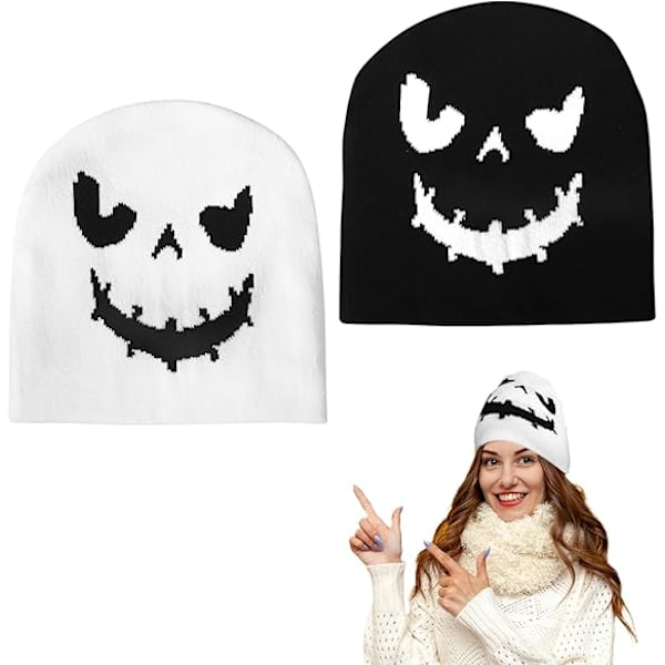 2 stk. Halloween Beanie Huer til Voksne - Græskar Ansigt Strikket Hat - Sjove Thanksgiving Halloween Dekoration Tilbehør