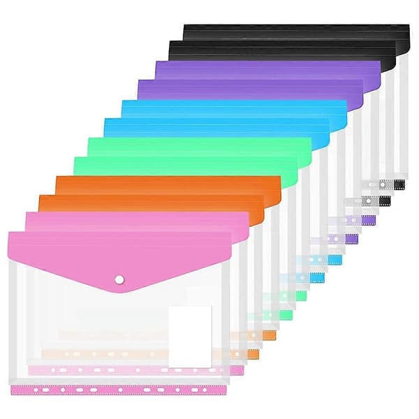 12-pack pärmfickor med 11 hål, expanderbara pärmmappar för 2/3/4 plastkuvert, filmappar