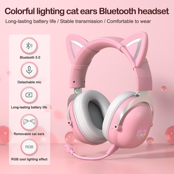 Fargerikt lysende Bluetooth-headset med katteører - Lang batteritid, stabil overføring og praktisk bruk pink