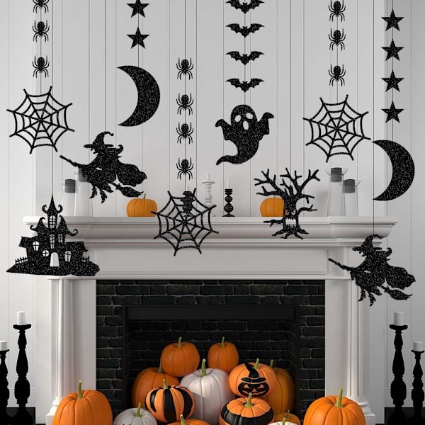 Halloween Flaggermus og Edderkopp Hengende Sett, 12 stk Halloween Ornamenter Svarte Glitter Flaggermus Heks Edderkoppnett Spøkelse Banner Girlander, Skummel Tema Veggklistremerker Hengende