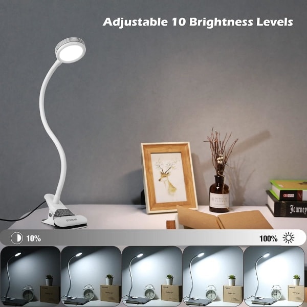 Dimbar LED skrivbordslampa med klämma - 3 lägen och 9 dimningsnivåer, flexibel klämma
