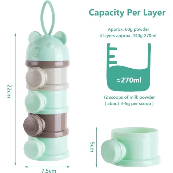 Melkepulverdispenser for baby, bærbar 4 lag 270 ml per lag Twist-Lock rom, stablebare beholdere for oppbevaring av babyutstyr Green/Grey