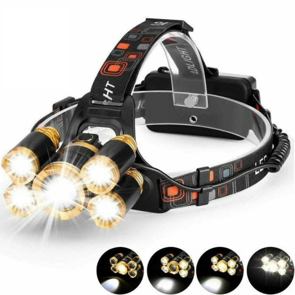 Kraftig pandelampe 5x T6 LED med batterier + 12V oplader + bil Sort
