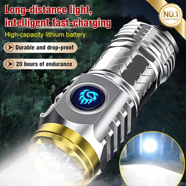 Tre-øjet Monster Mini Lommelygte - Høj Lumen Genopladelig Lommelygte - Super Lysstærk 9000 Lumen LED Lommelygte - 5 Tilstande, 10 Timers Kørselstid Black