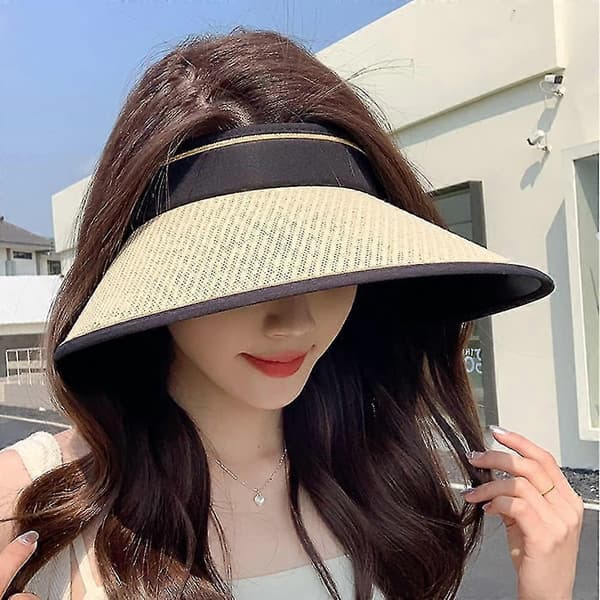 Bredbrättad stråhatt, solhatt damer rullbar solvisirhatt UV-skydd Ca strand Beige One Size