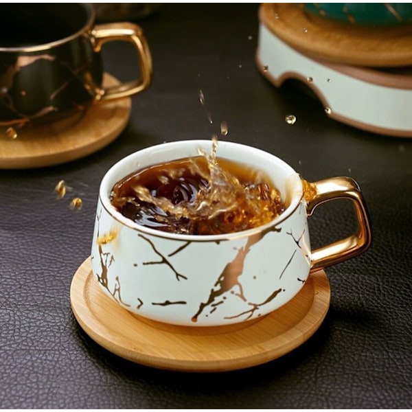 Porcelæn Te Kop Kaffe Kande Sæt til Eftermiddagste - Marmor Mønster (Sort, Kort 300ml + Træ Underkop)
