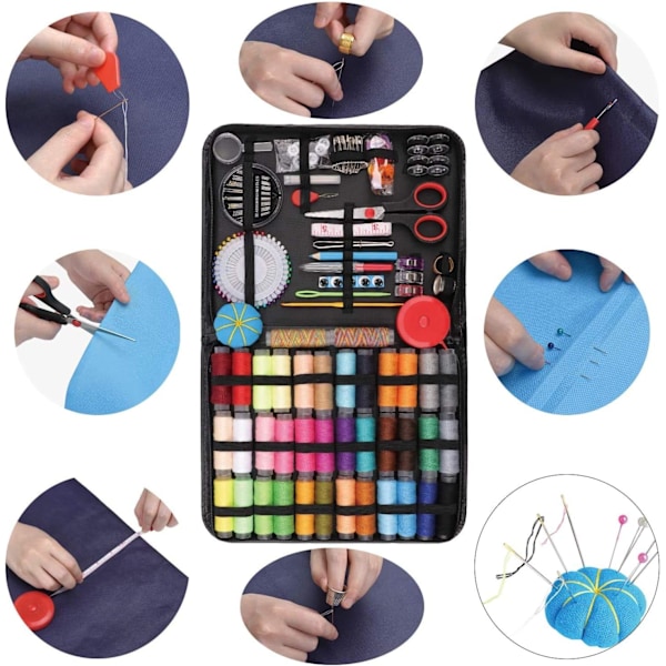 Ompelijatarvikkeiden setti, 184 osaa Premium-laatuinen suuri ompelutarvikkeiden setti PU-kotelolla, 38 XL-lanka kelaa, sakset, peukalonsuojus, langanpujottaja, neula, DIY- ja kotipainikkeen korjaussetti