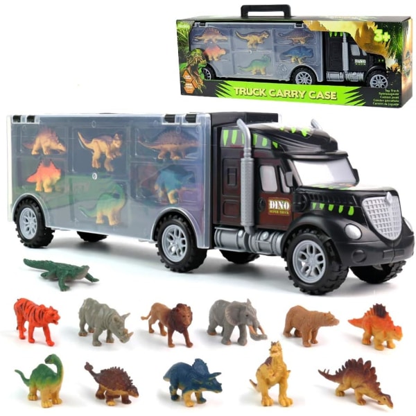 Dinosaur Toys for Boys Girls - Kids Toys Transport Carrier Truck with Dinosaur Toys Animals Toys 12 Pcs Double Side Storage Set Birthday