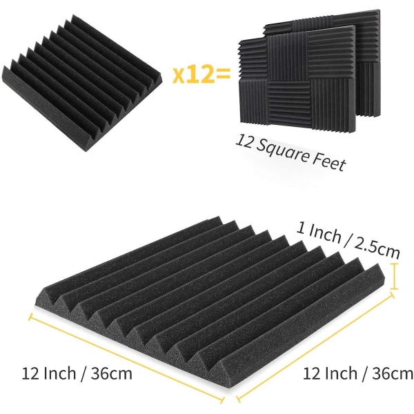 12-pack Skumplattor Kilformade, Brandsäkra Ljudisoleringsskumpaneler Brusreducerande 30*30*2.5