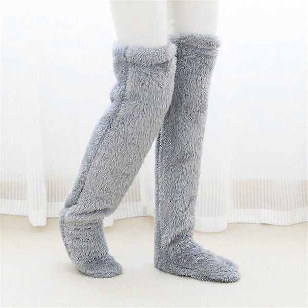 Vinter Termiske Sokkesko, Dame Fuzzy Fluffy Cozy Warm Over Knee Lange Sovesokker Myke Sokkesko Light Gray