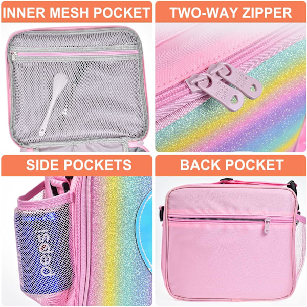 Lunsjpose Isolerende Lunsjboks for Jenter - Regnbue Tote Bag Lekkasjetett Termisk Gjenbrukbar Kjølepose Piknikpose for Kvinner Skole Kontor Utendørs Pink