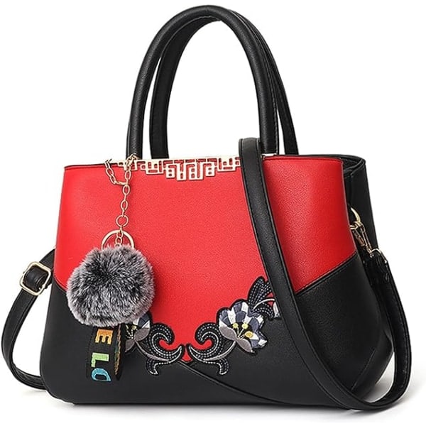 Dame Top Håndtaske Skuldertaske Pom Pom Dekoration Dame Tote Taske Messenger Taske Rejse Vandtæt PU Læder (Rød B+ Pom Pom Dekoration)