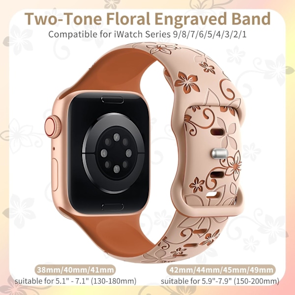 Blomstergraverte Remmer Kompatibel med Apple Watch Remmer for Kvinner, Søte Blomst iWatch Bånd Myk Silikon Sportrem for iWatch Serie Milk Tea/Brown 42/44/45/49mm